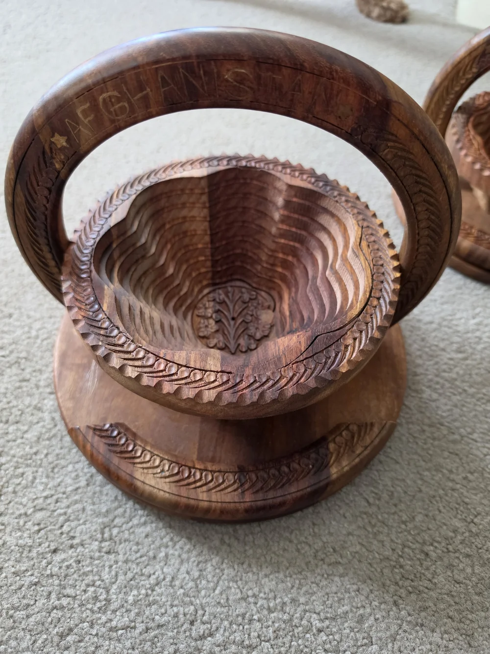Set Of 2 Vtg Hand-Carved Wooden Collapsible Baskets/ Trivets